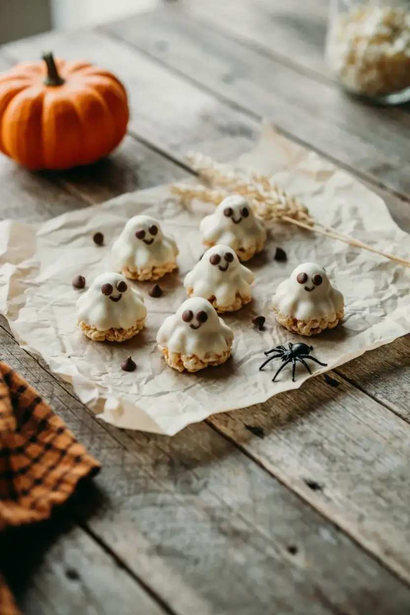 White marshmallow rice treats shaped like ghosts with chocolate eyes on a pastel plate